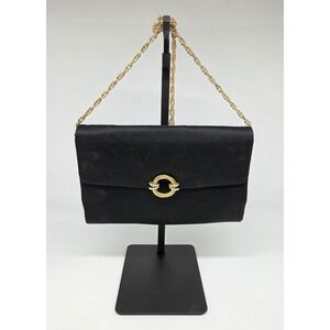 RODO Italy Black Satin Chain Strap Purse Gold Swarovski Crystals Clasp Elegant